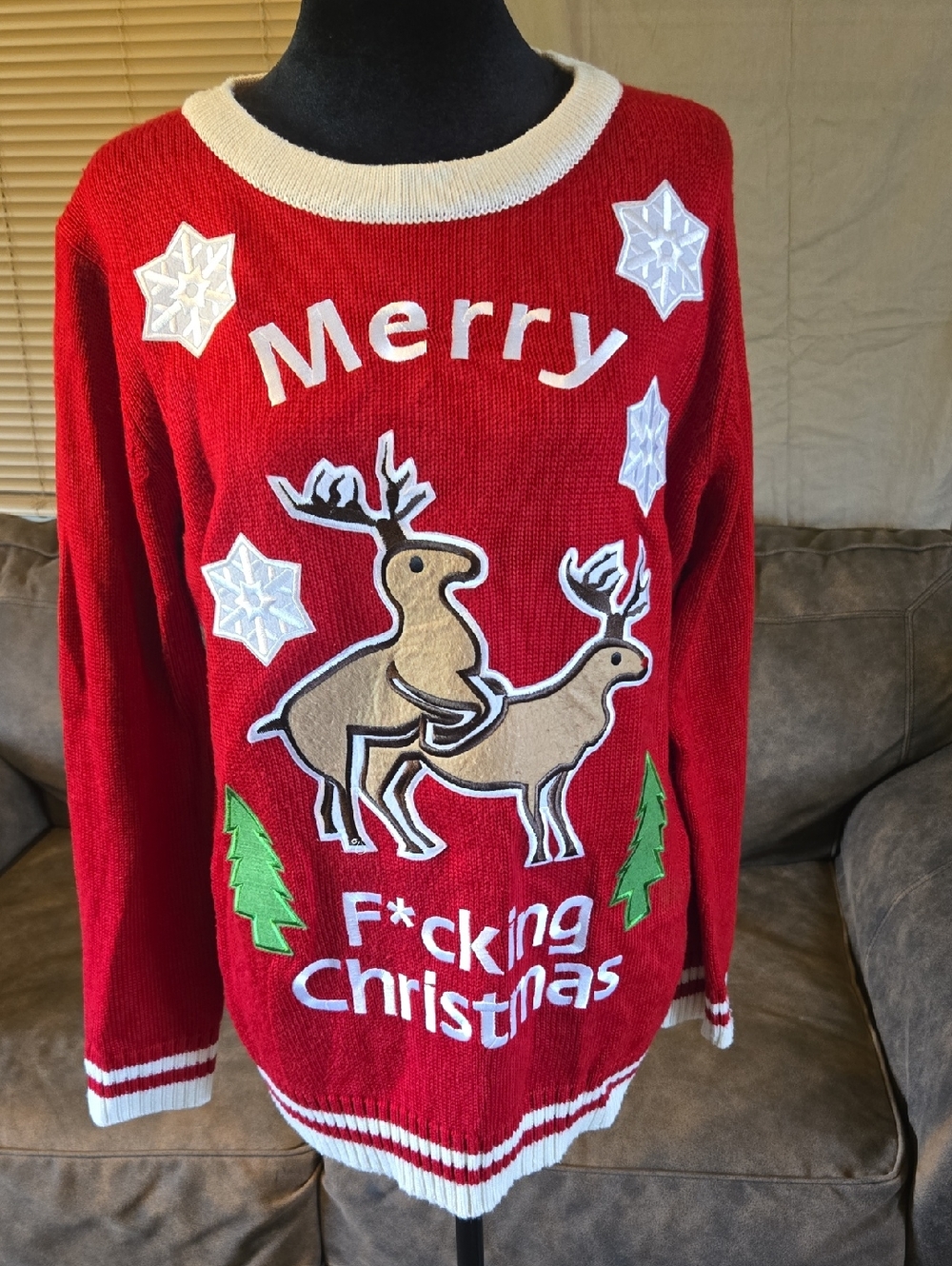 Red Novelty Merry Christmas Sweater with Reindeer Graphic